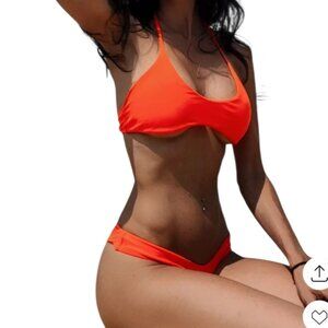 Women's Vibrant Orange Push Up Scoop Neck Thong Bikini Set Size S NWT